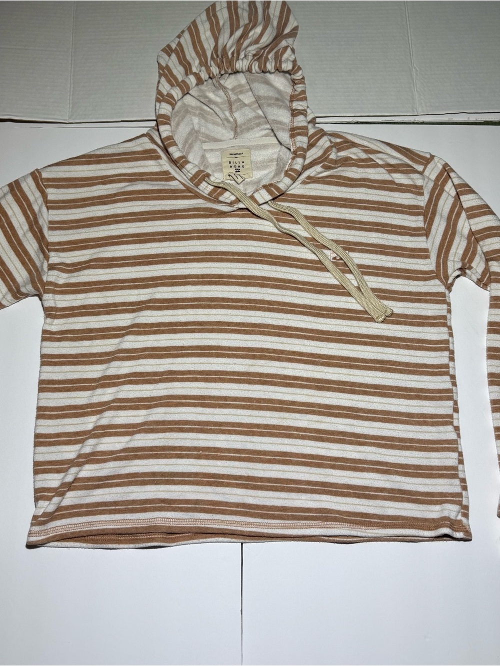 Billabong Tan and White Striped Hoodie Sweater